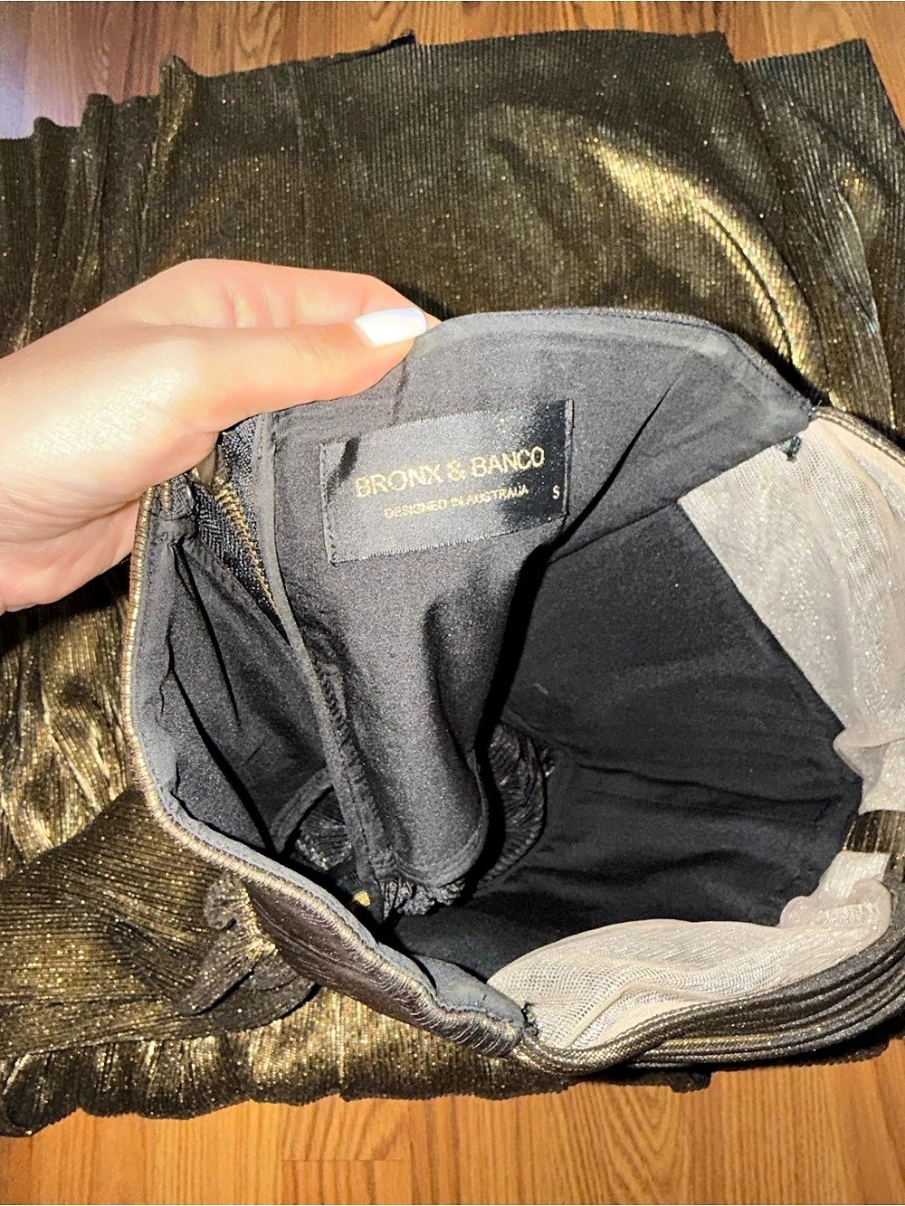Bronx & Banco Gold Pleated Mini Dress Like New - Picture 5 of 5